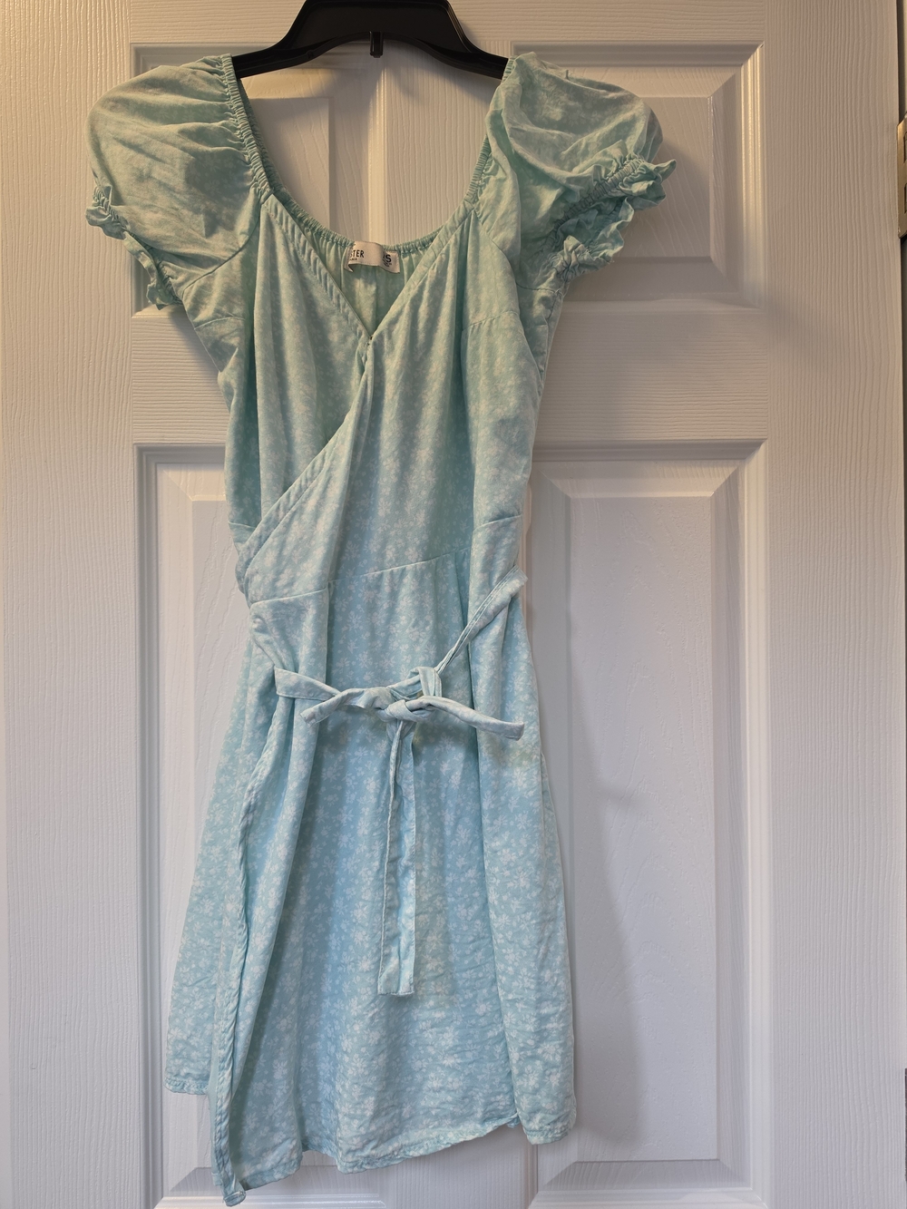 Hollister Light Aqua Floral Wrap Dress with Puff Sleeves